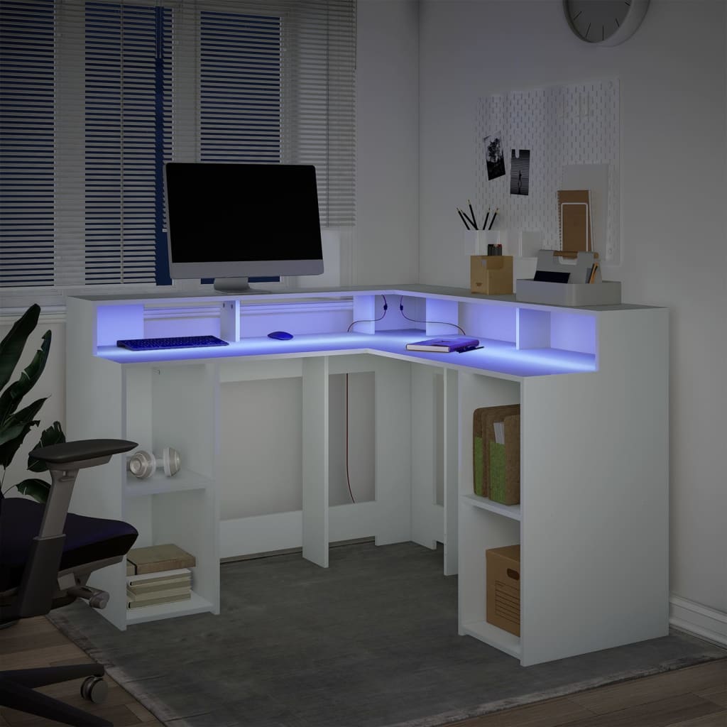 Scrivania con Luci LED Bianca 130x130x91 cm in Truciolato | homemem39