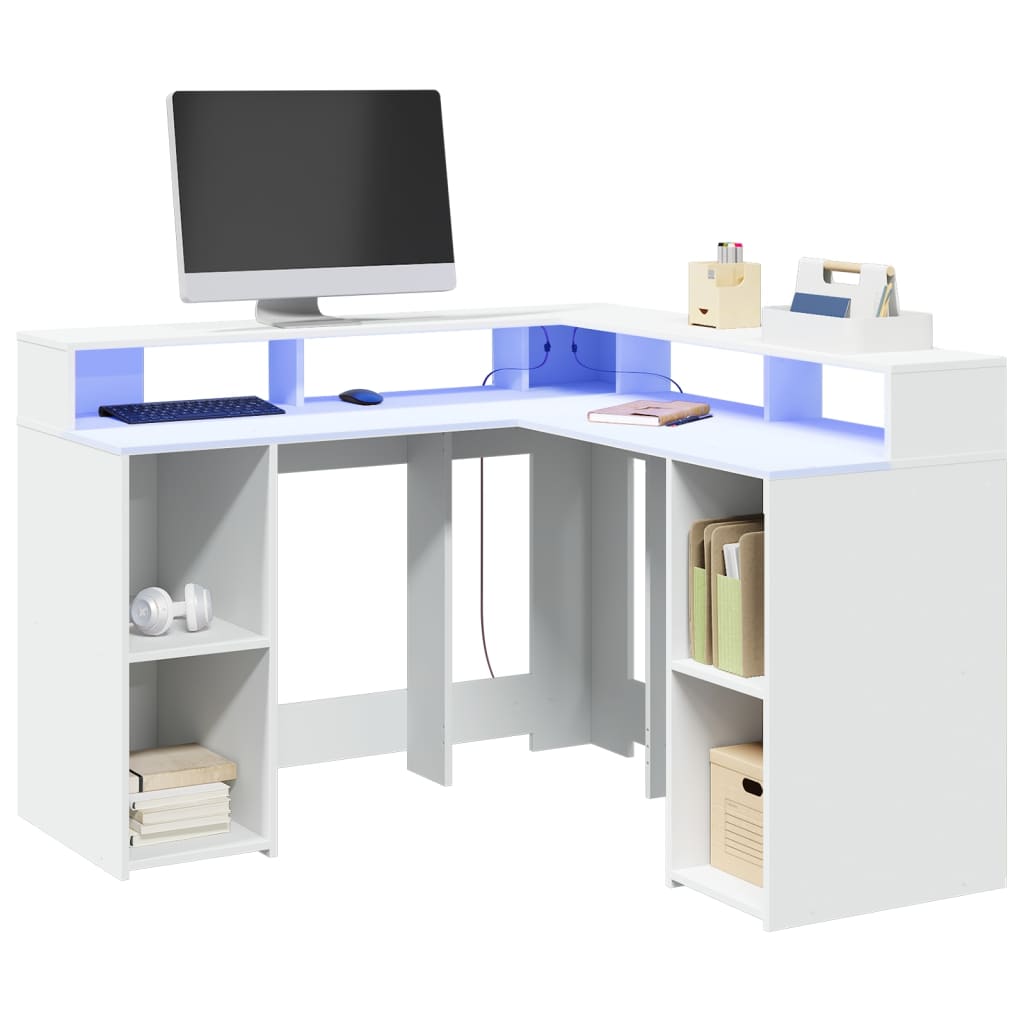 Scrivania con Luci LED Bianca 130x130x91 cm in Truciolato | homemem39