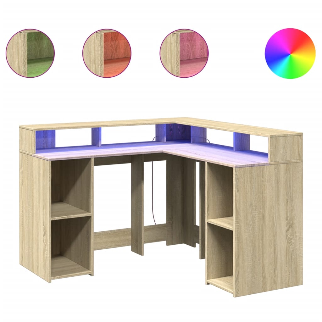 Scrivania con Luci LED Rovere Sonoma 130x130x91cm in Truciolato | homemem39