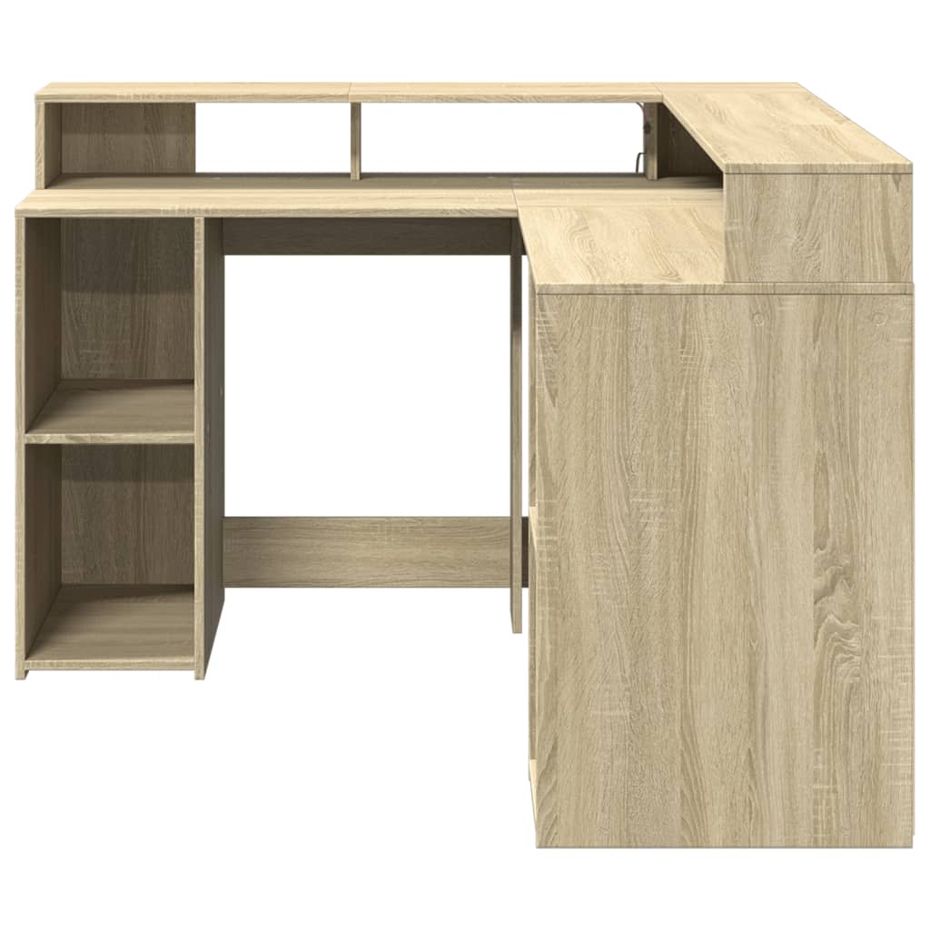 Scrivania con Luci LED Rovere Sonoma 130x130x91cm in Truciolato | homemem39