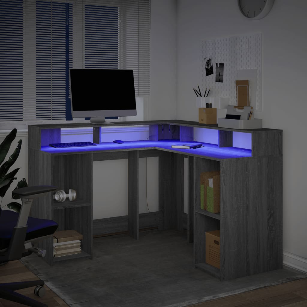 Scrivania con Luci LED Grigio Sonoma 130x130x91cm in Truciolato | homemem39