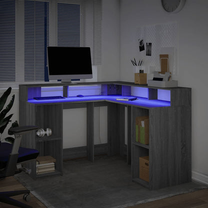 Scrivania con Luci LED Grigio Sonoma 130x130x91cm in Truciolato | homemem39