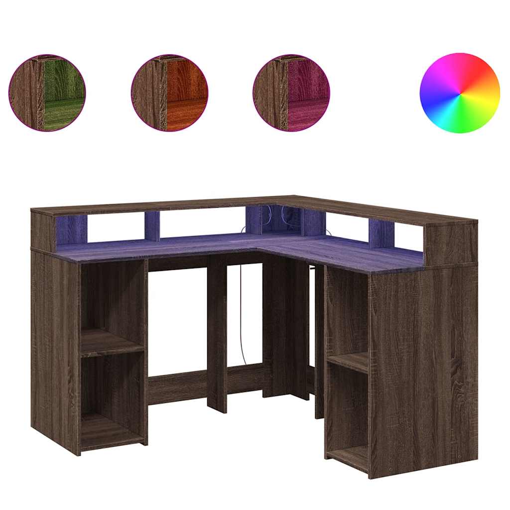 Scrivania con Luci LED Marrone Rovere 130x130x91 cm Truciolato | homemem39