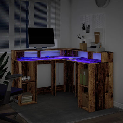 Scrivania con Luci LED Legno Antico 130x130x91 cm in Truciolato | homemem39