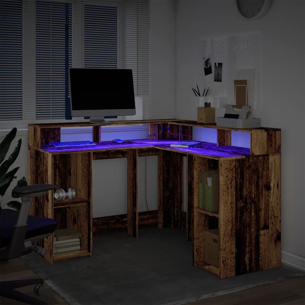 Scrivania con Luci LED Legno Antico 130x130x91 cm in Truciolato - homemem39