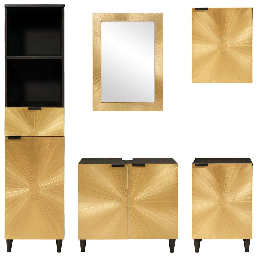 Set di Armadi da Bagno 5 pcs Nero e Oro Legno di mango massello