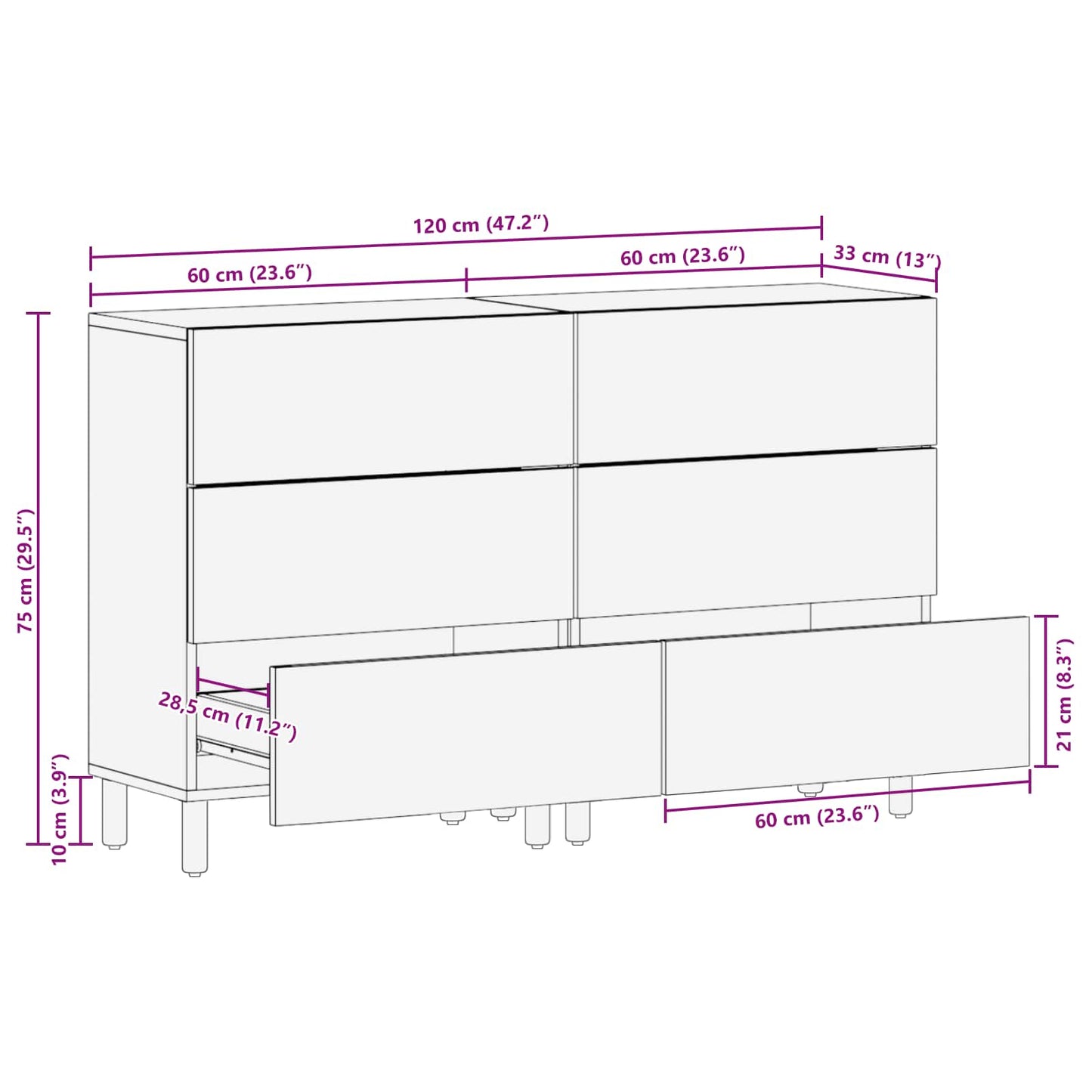Credenza 2 pcs Finitura Bianco Lavato 60 x 33 x 75 cm