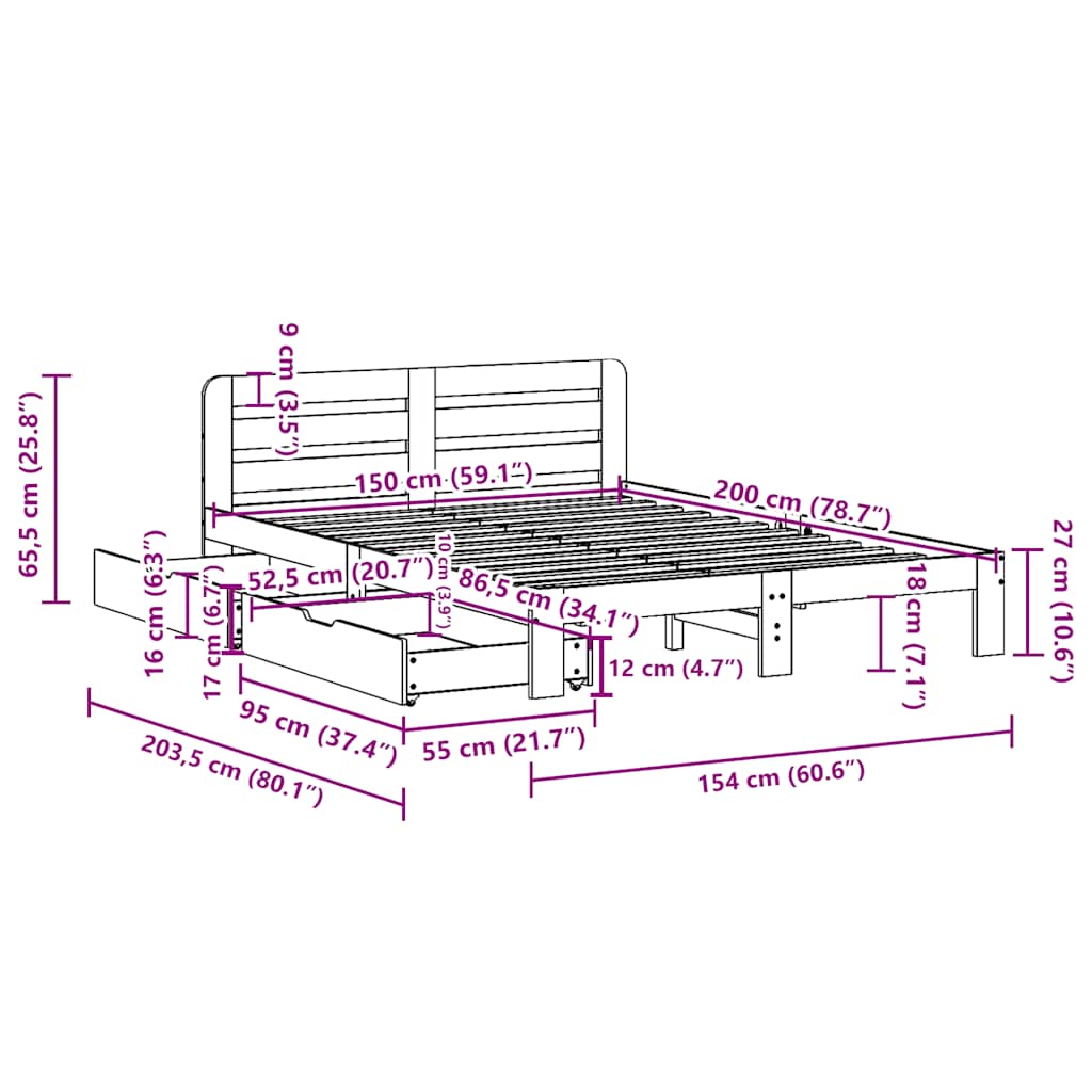 Giroletto senza Materasso Marrone Cera 150x200 cm Legno di Pino