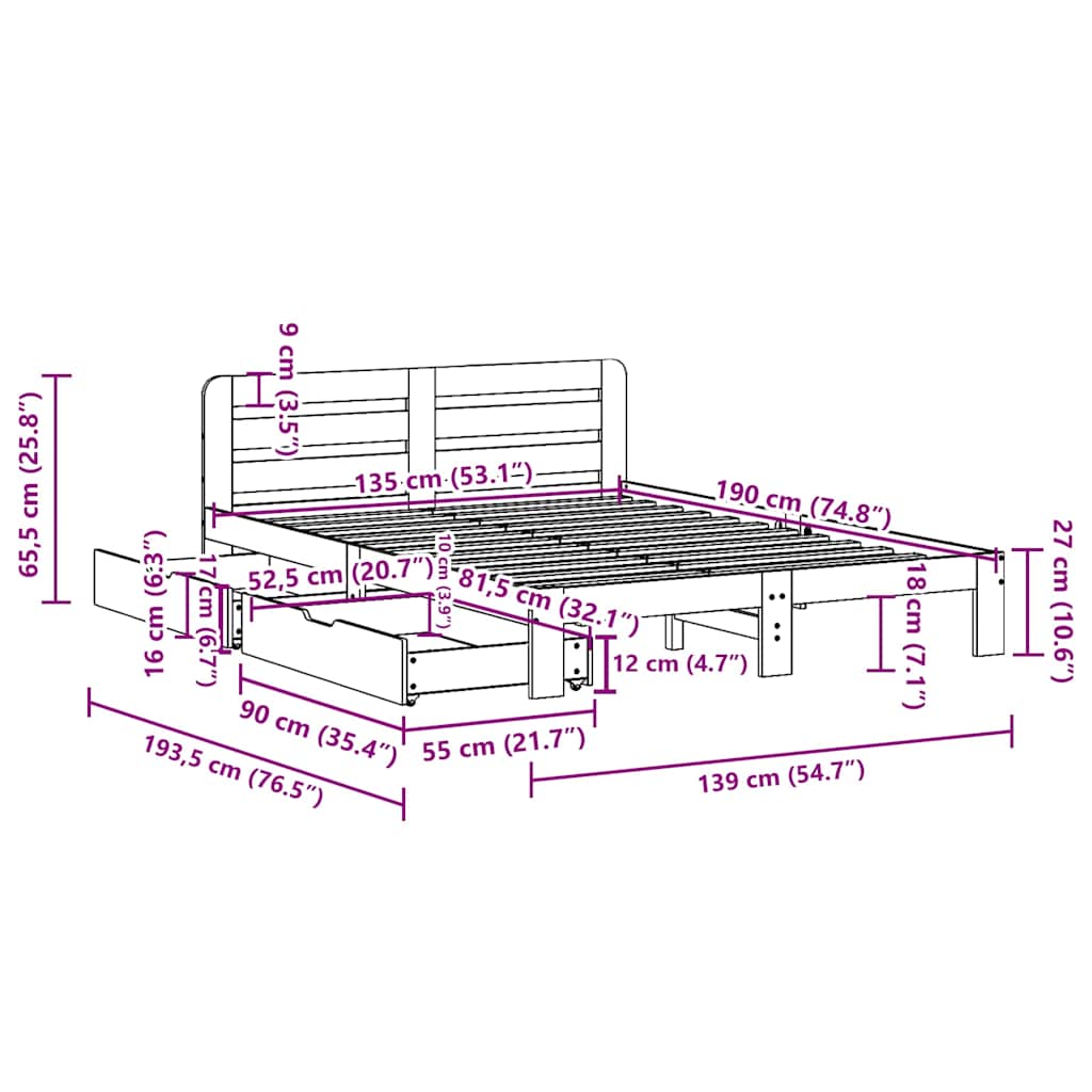 Letto senza Materasso Bianco 135x190 cm Legno Massello di Pino