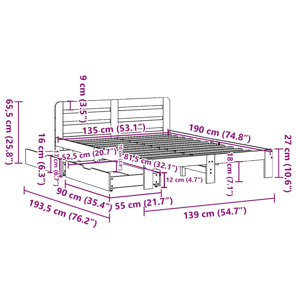Letto senza Materasso Marrone Cera 135x190 cm in Legno di Pino | homemem39