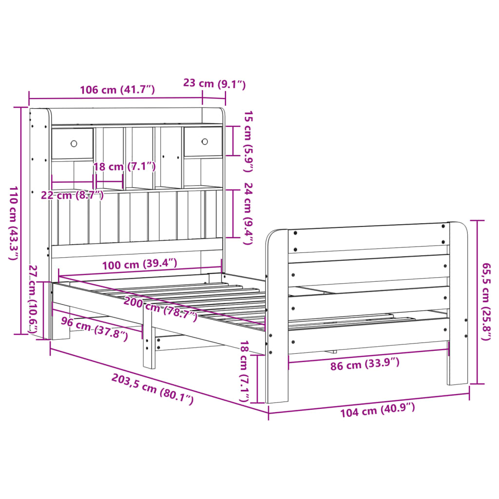 Letto Libreria senza Materasso Marrone Cera 100x200 cm in Pino