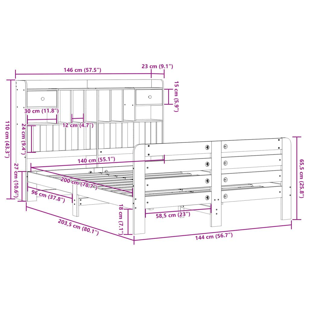 Letto Libreria senza Materasso Bianco 140x200 cm Legno di Pino