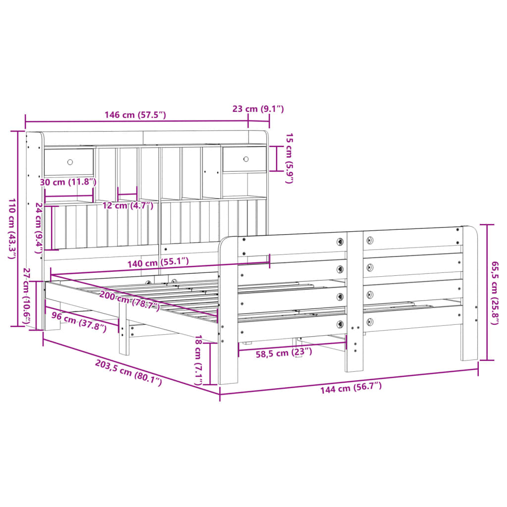 Letto Libreria senza Materasso Marrone Cera 140x200 cm in Pino