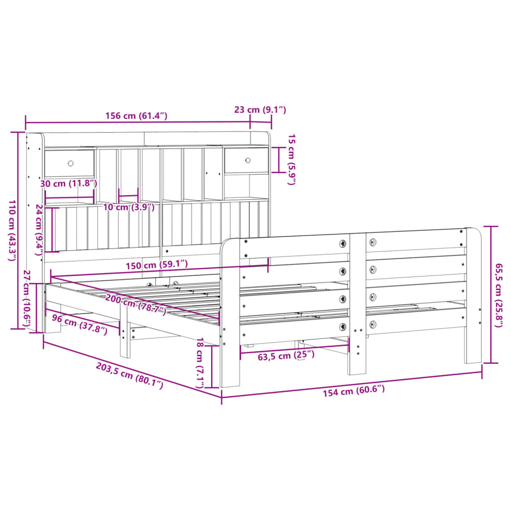 Letto Libreria senza Materasso Bianco 150x200 cm Legno di Pino