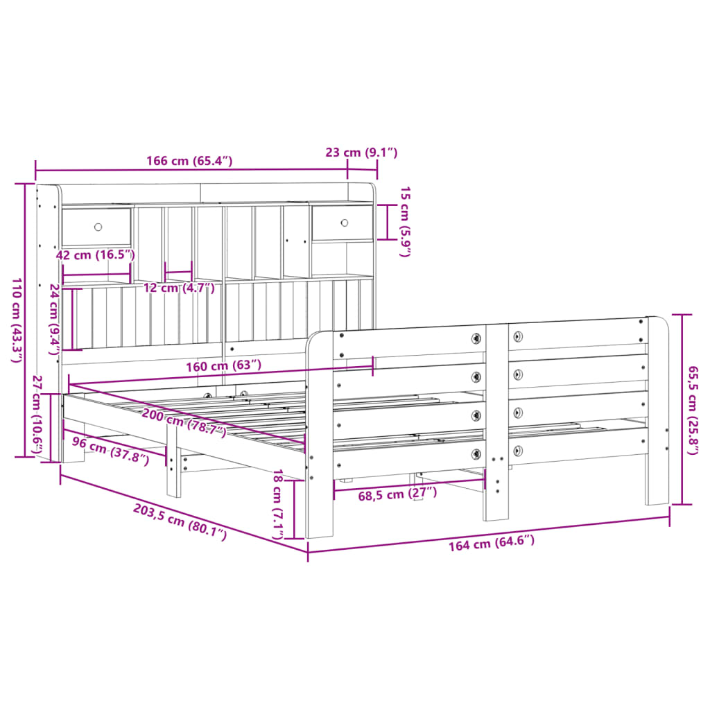 Letto Libreria senza Materasso Marrone Cera 160x200 cm in Pino