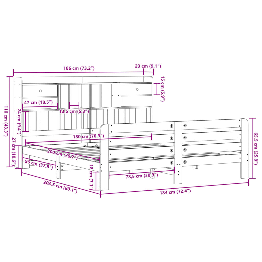 Letto Libreria senza Materasso Marrone Cera 180x200 cm in Pino