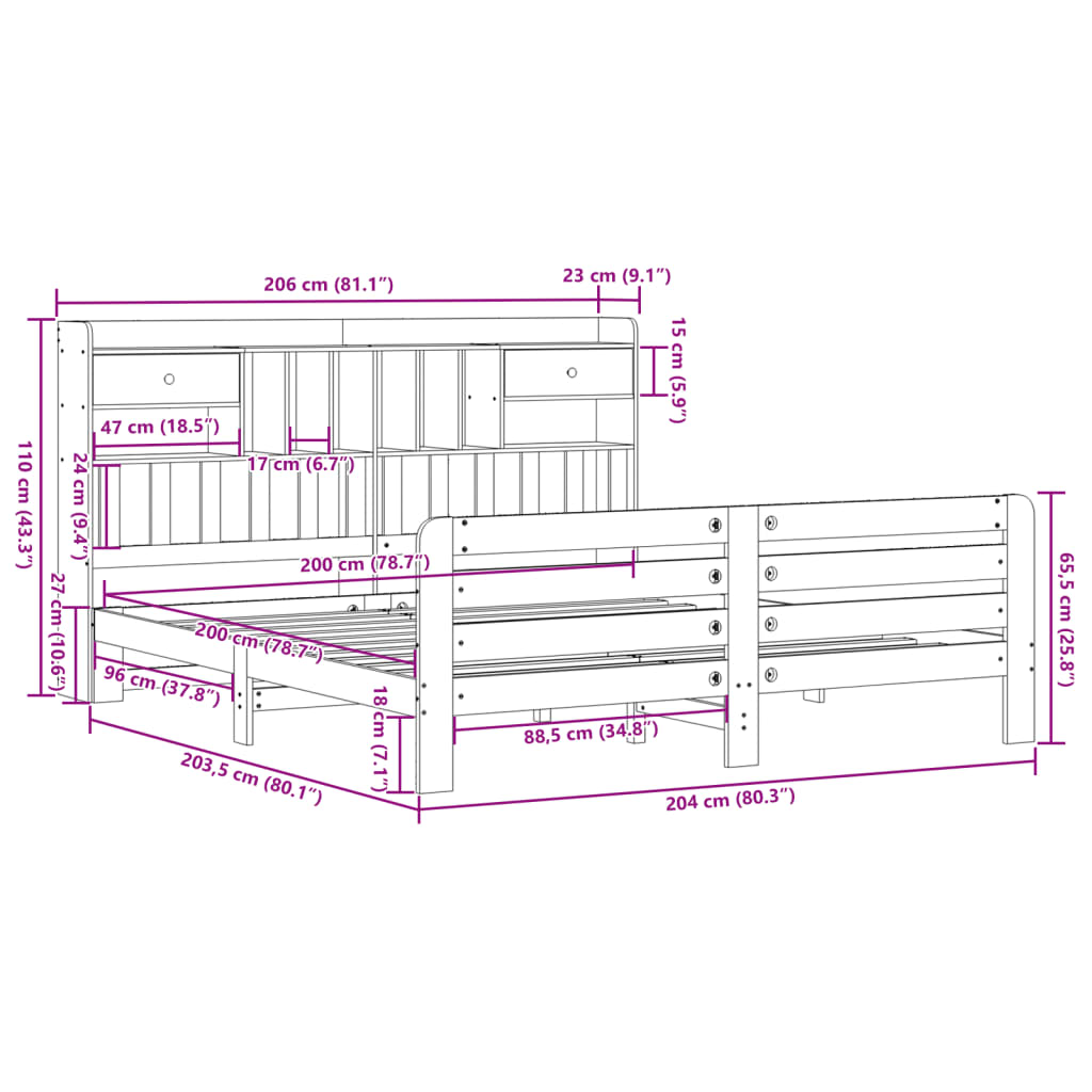 Letto Libreria senza Materasso Bianco 200x200 cm Legno di Pino