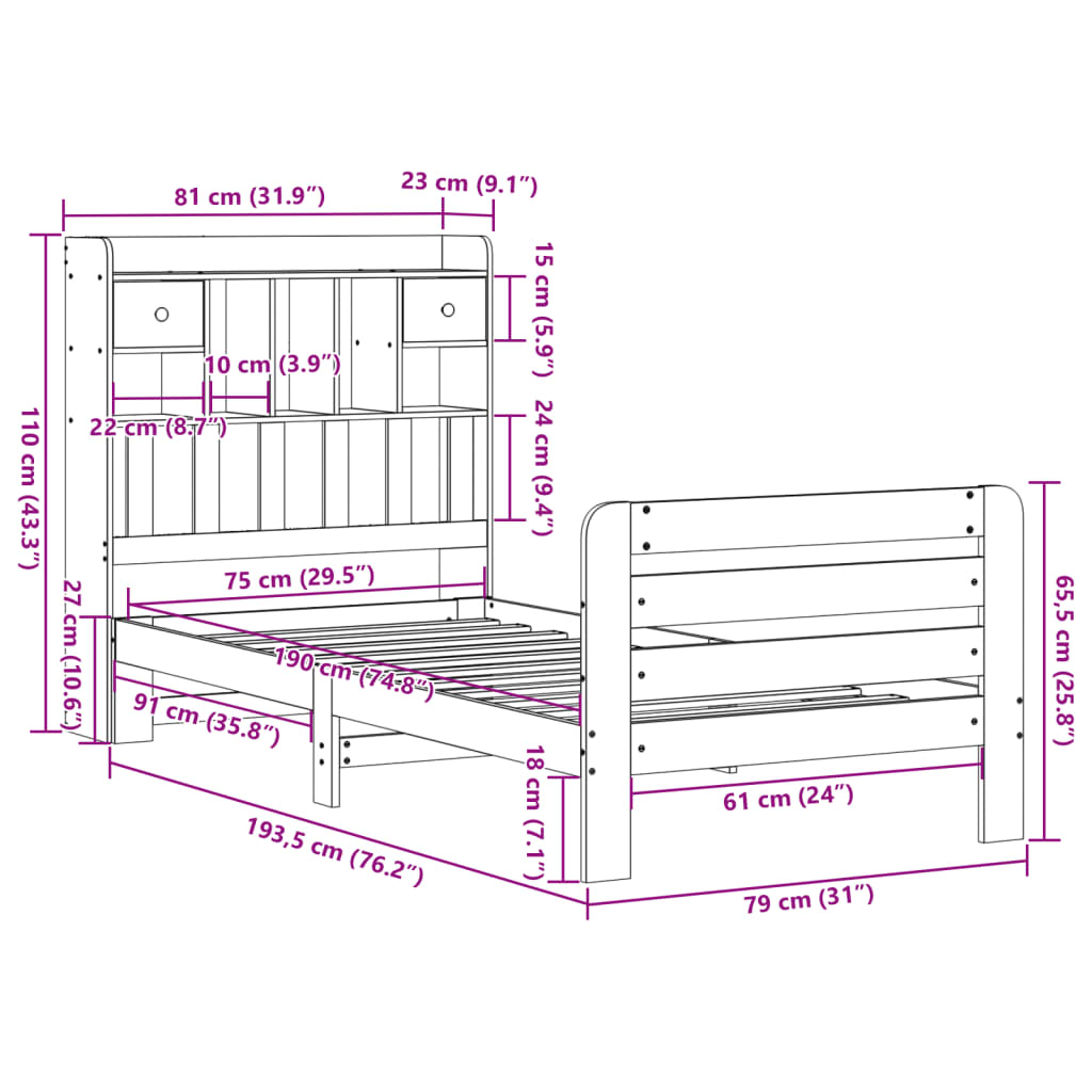 Giroletto con Libreria senza Materasso 75x190 cm in Legno Pino