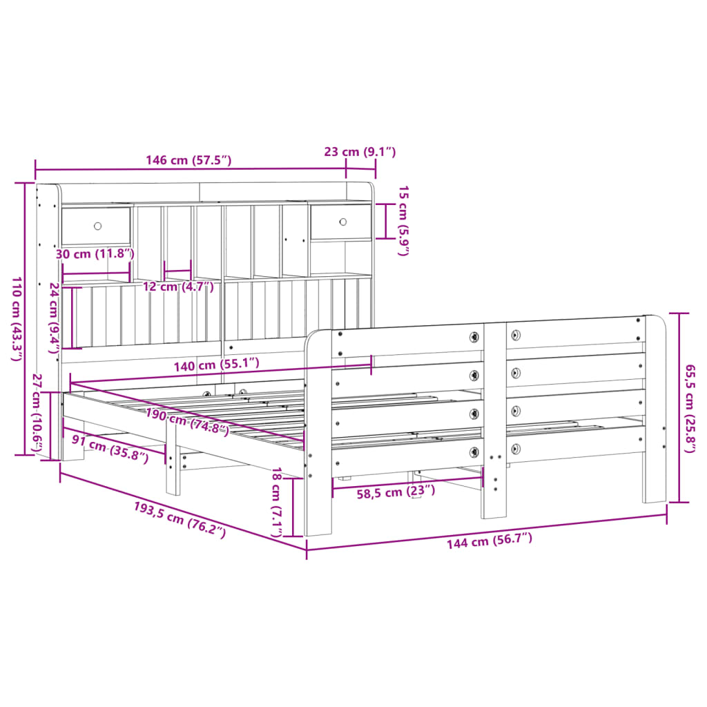 Letto Libreria senza Materasso Marrone Cera 140x190 cm in Pino