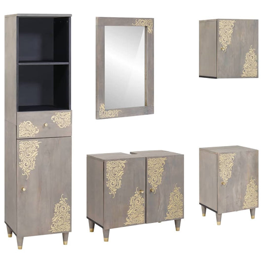 Set di Armadi da Bagno 5 pcs Grigio Legno di mango massello | homemem39