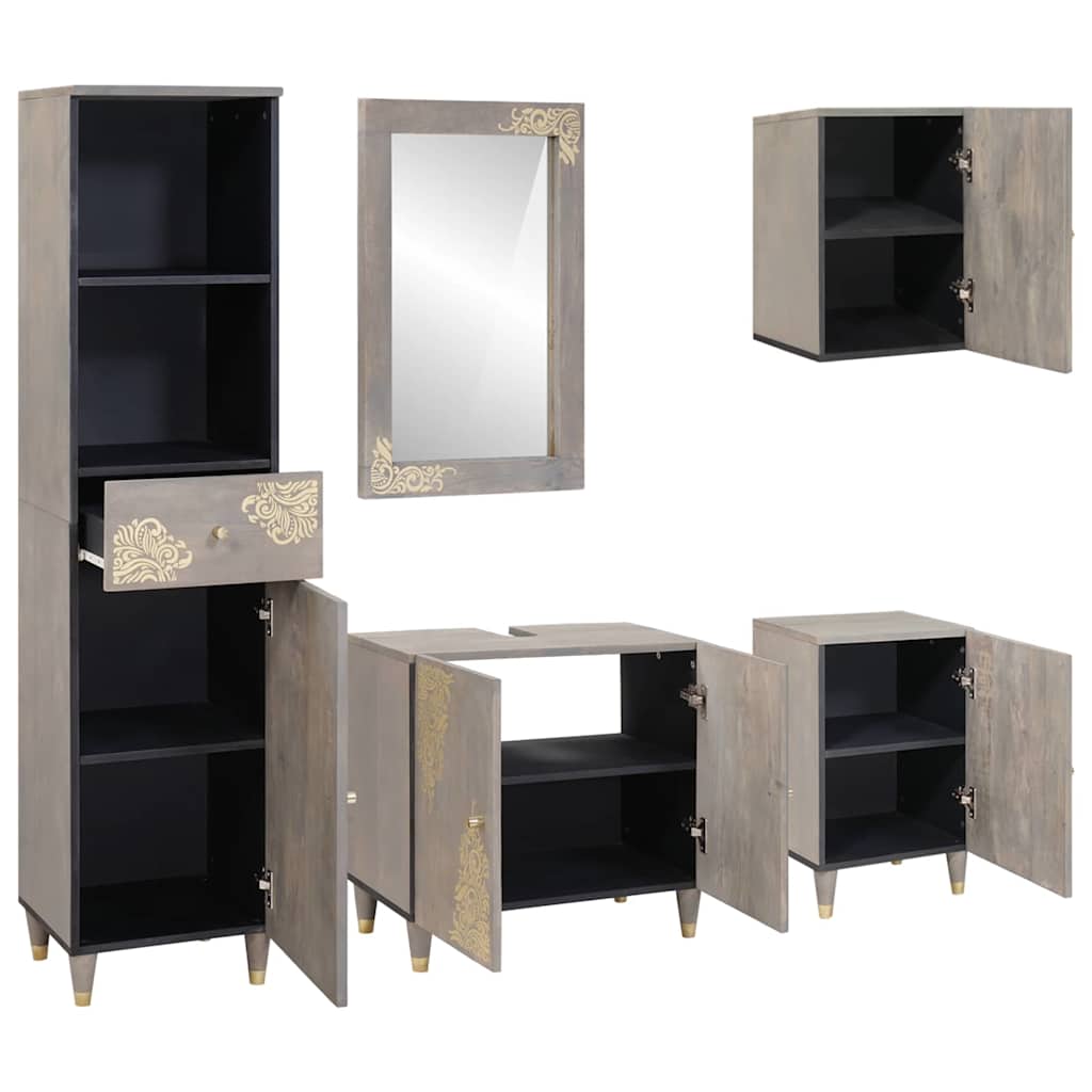 Set di Armadi da Bagno 5 pcs Grigio Legno di mango massello | homemem39
