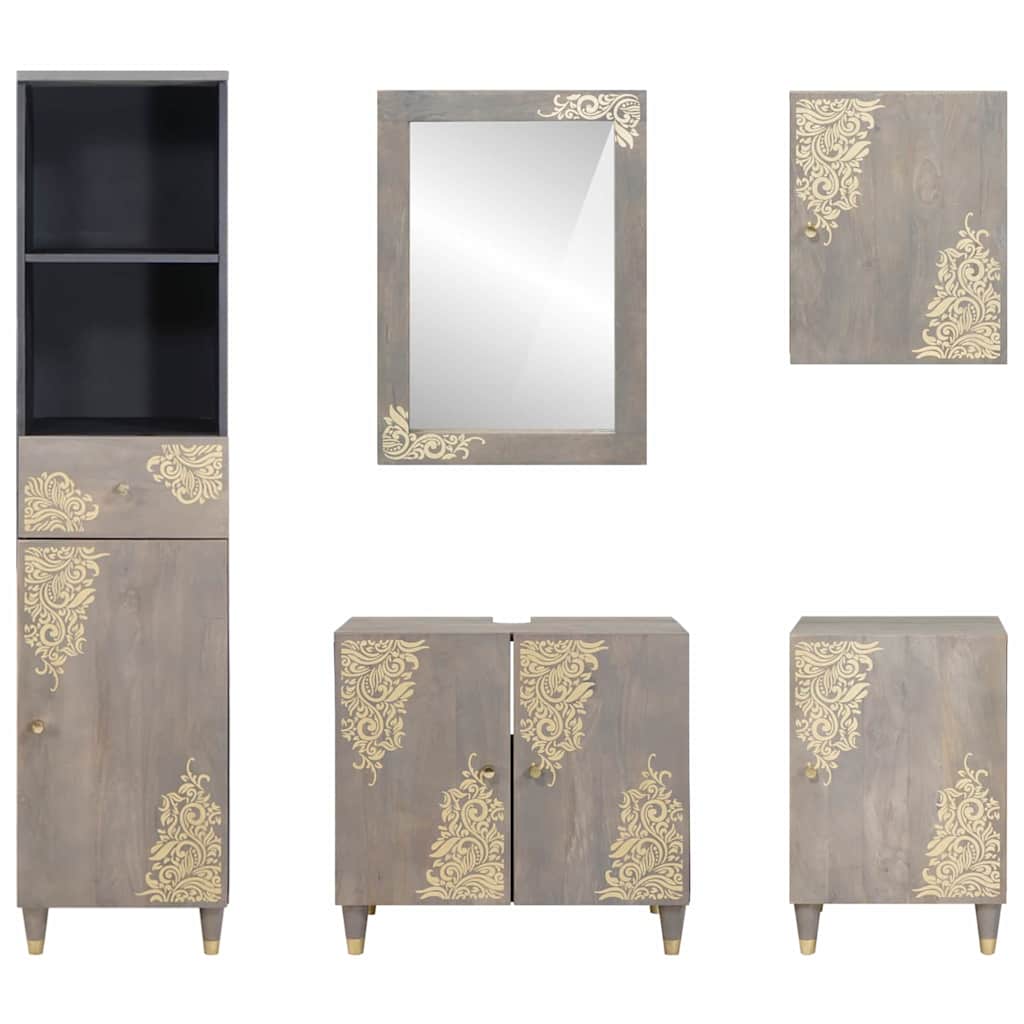 Set di Armadi da Bagno 5 pcs Grigio Legno di mango massello | homemem39
