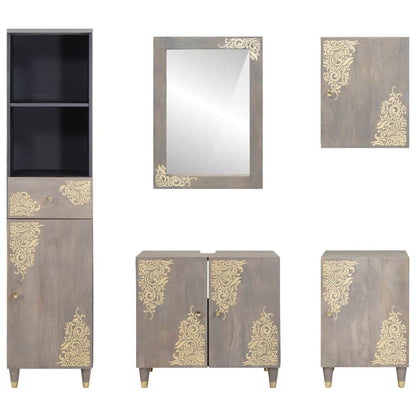 Set di Armadi da Bagno 5 pcs Grigio Legno di mango massello | homemem39