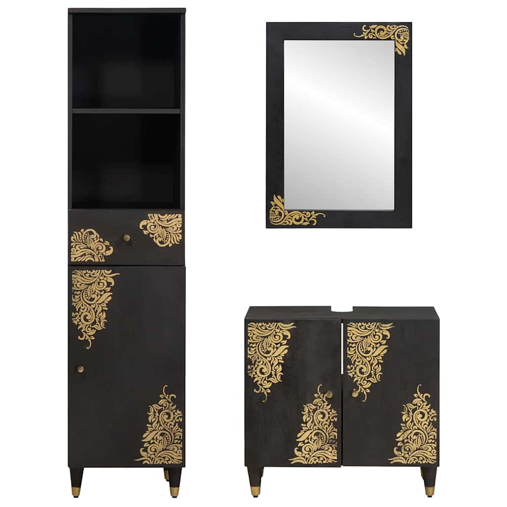 Set di Armadi da Bagno 3 pcs Nero Legno di mango massello | homemem39