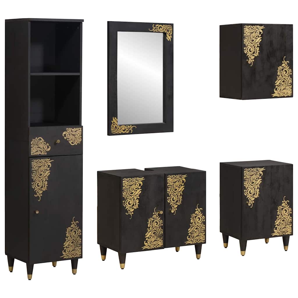 Set di Armadi da Bagno 5 pcs Nero Legno di mango massello | homemem39