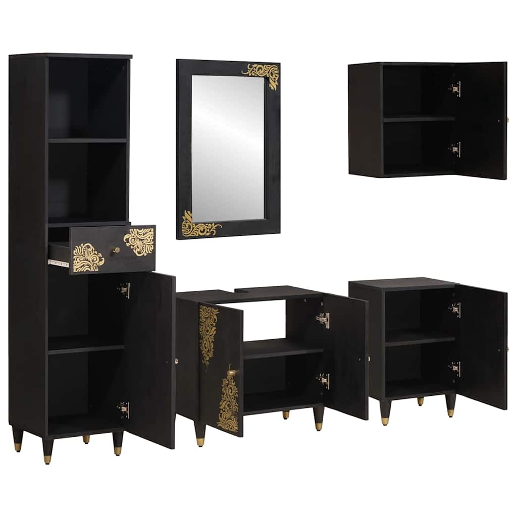 Set di Armadi da Bagno 5 pcs Nero Legno di mango massello | homemem39