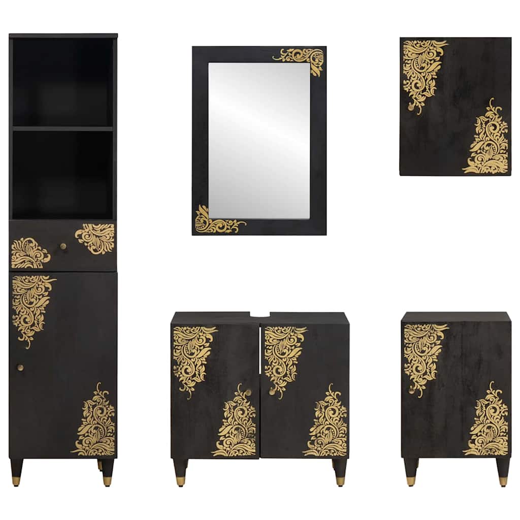 Set di Armadi da Bagno 5 pcs Nero Legno di mango massello | homemem39