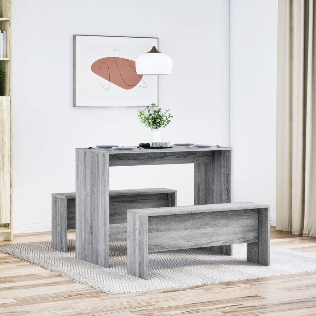 Set Tavolo da Pranzo e Panche 3 pz Grigio Sonoma in Truciolato