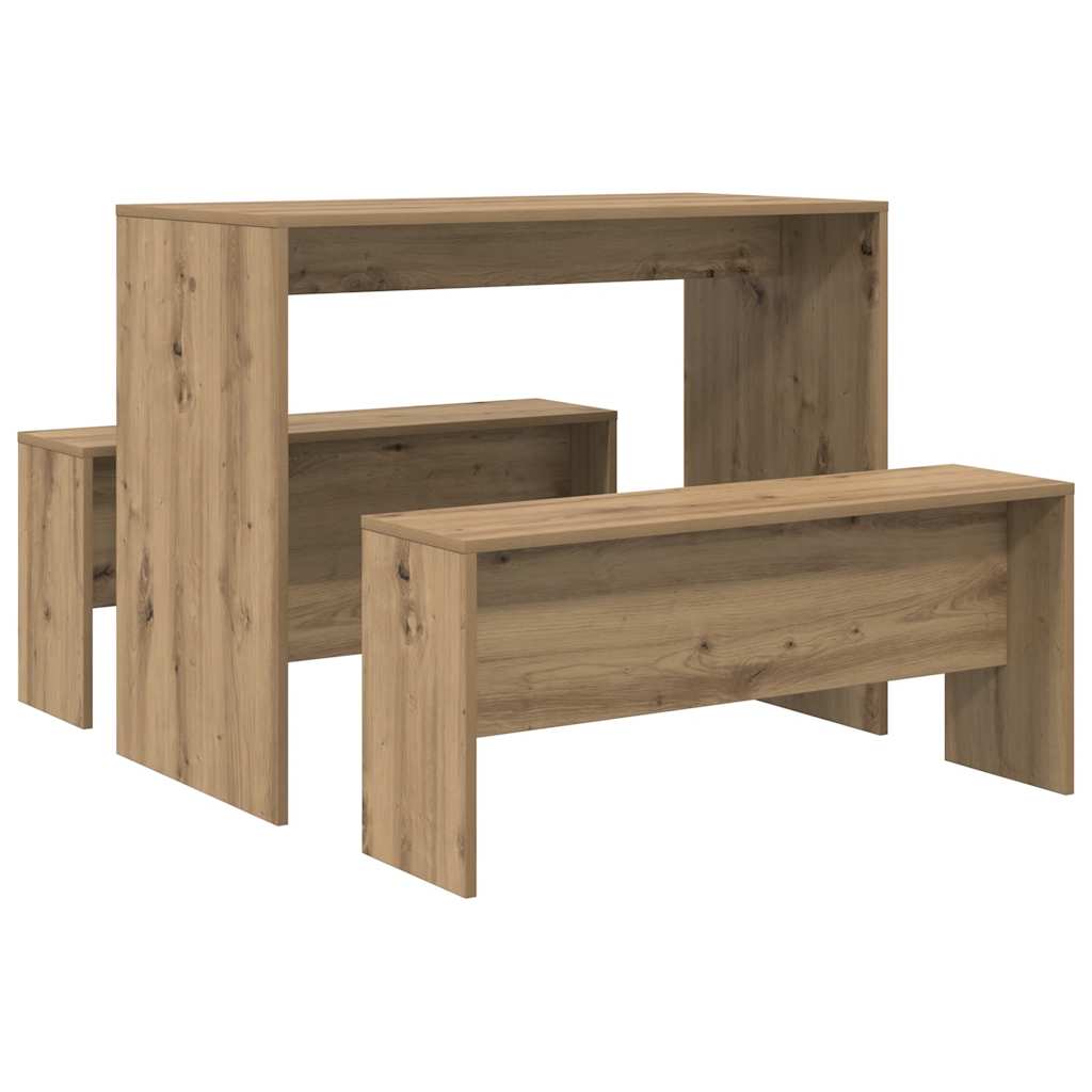 Set Tavolo da Pranzo e Panche 3pz Rovere Artigianale Truciolato
