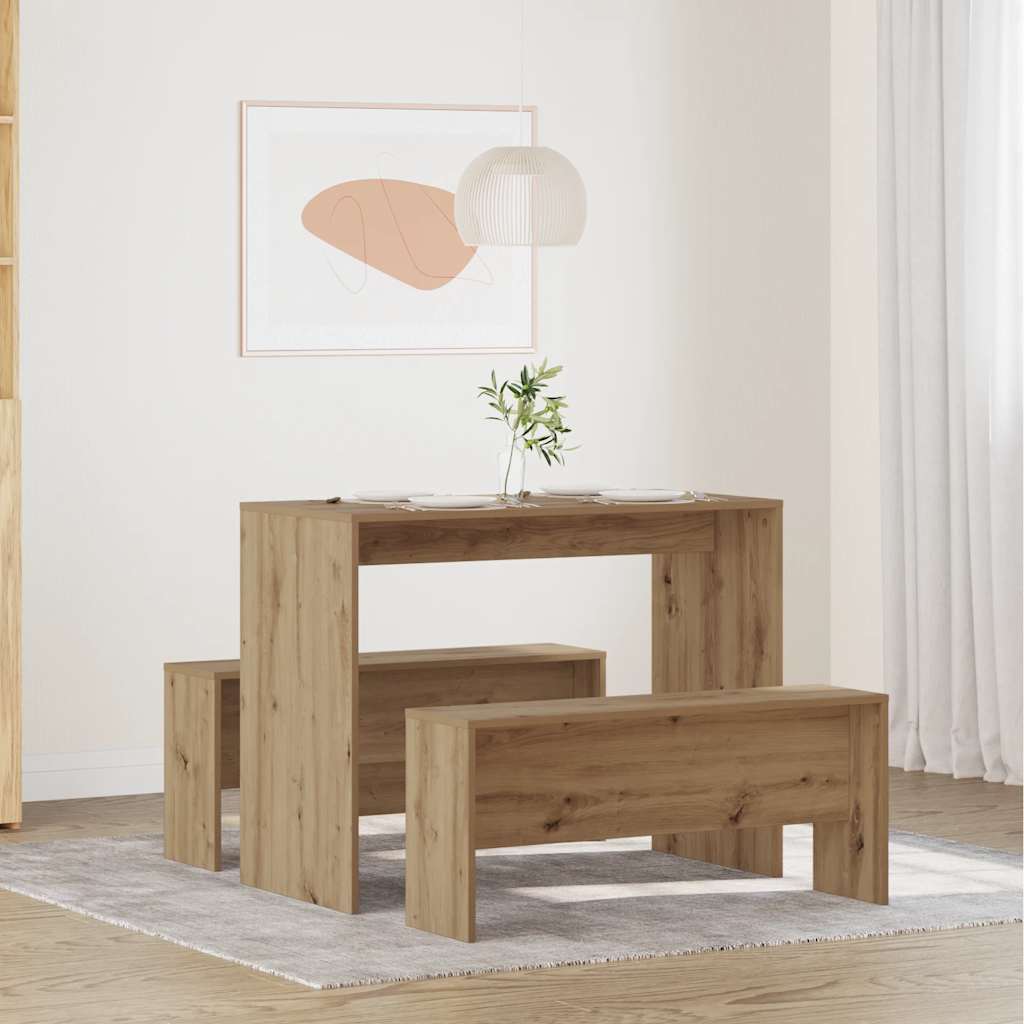 Set Tavolo da Pranzo e Panche 3pz Rovere Artigianale Truciolato