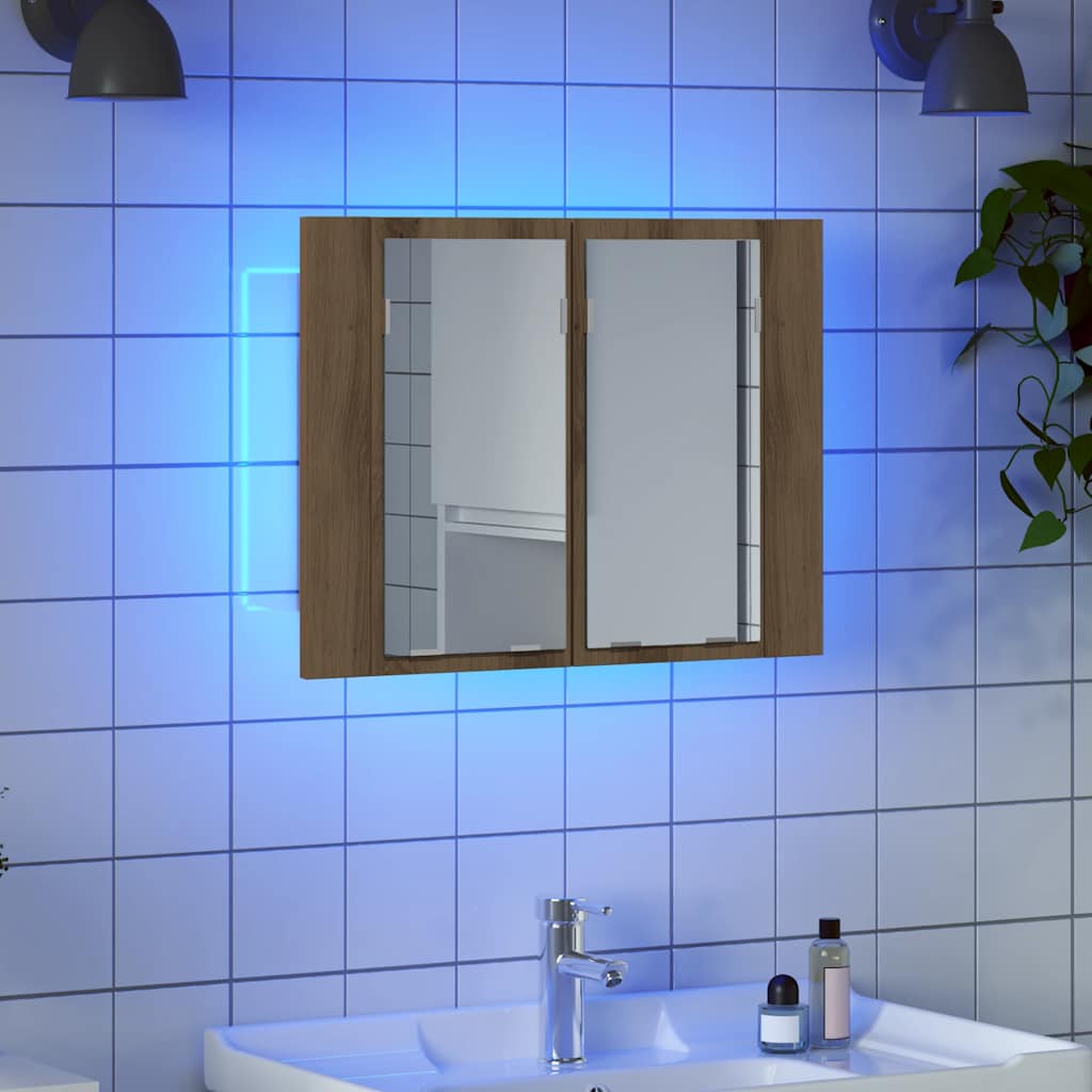 Mobile Specchio LED Rovere Artigianale 60x12x45 cm Multistrato | homemem39