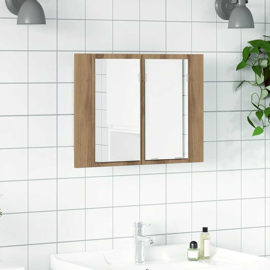 Mobile Specchio LED Rovere Artigianale 60x12x45 cm Multistrato | homemem39