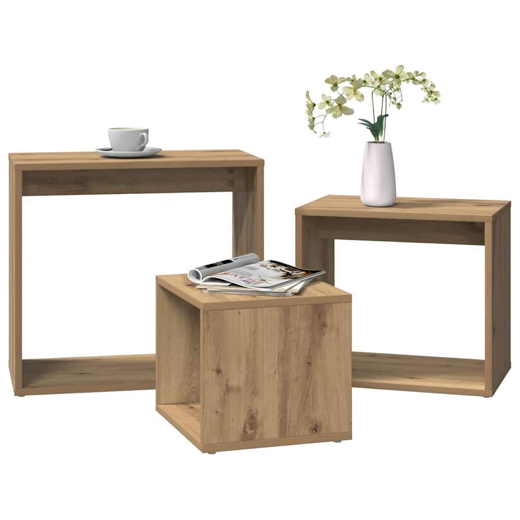 Tavolini Impilabili 3 pz Rovere Artigianale Legno Multistrato