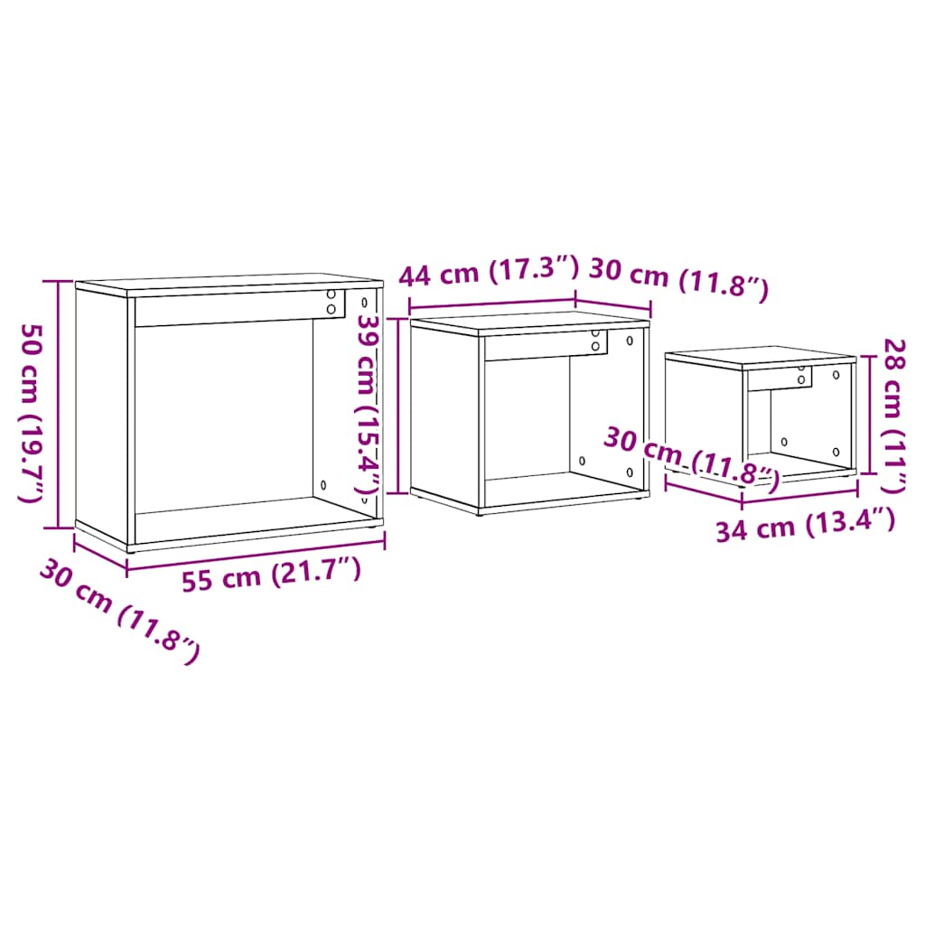 Tavolini Impilabili 3 pz Rovere Artigianale Legno Multistrato
