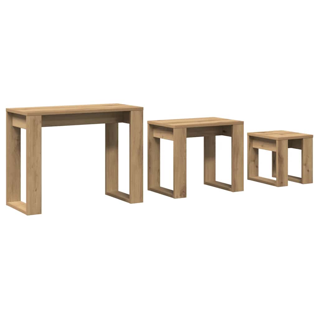 Nido di Tavoli 3 pz Rovere Artigianale in Legno Multistrato