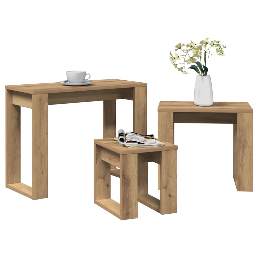 Nido di Tavoli 3 pz Rovere Artigianale in Legno Multistrato