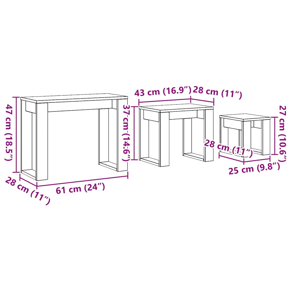 Nido di Tavoli 3 pz Rovere Artigianale in Legno Multistrato