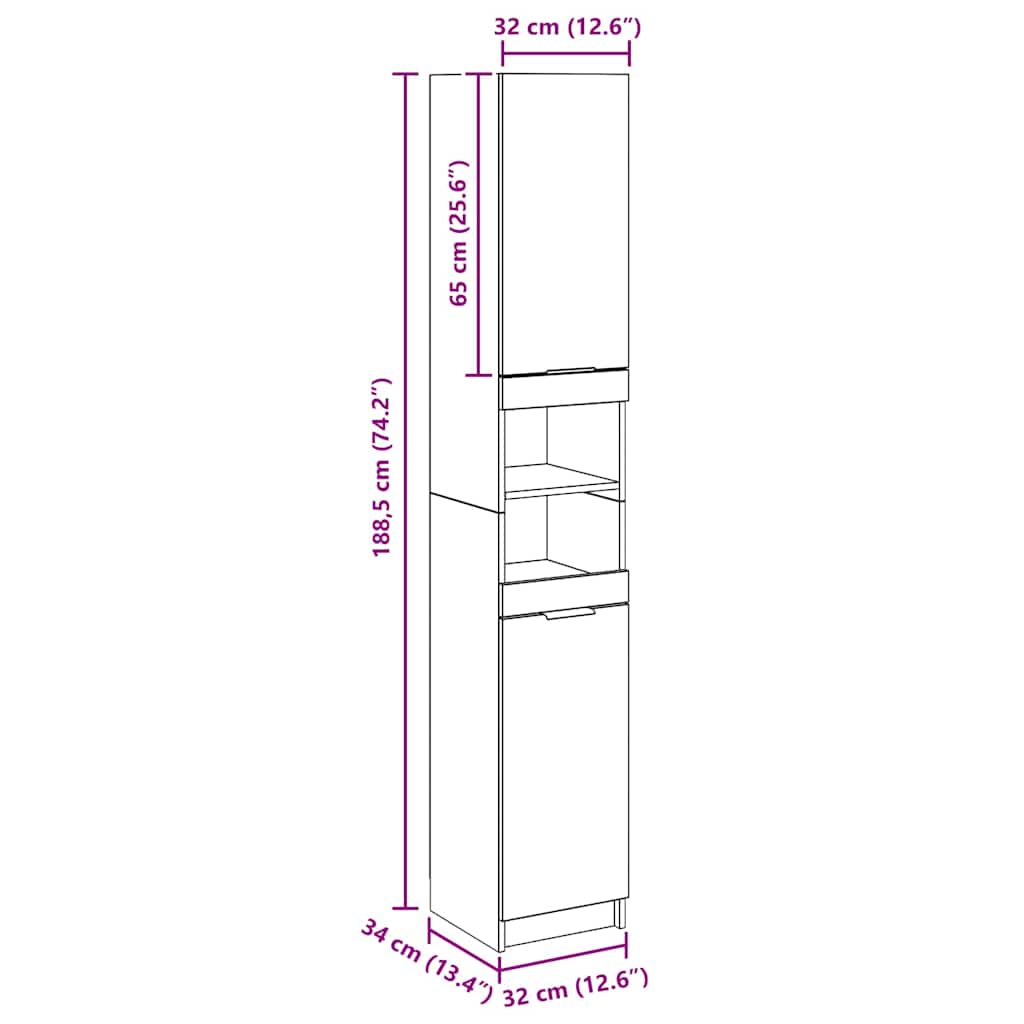Armadietto da Bagno Rovere Artigianale 32x34x188,5cm Truciolato