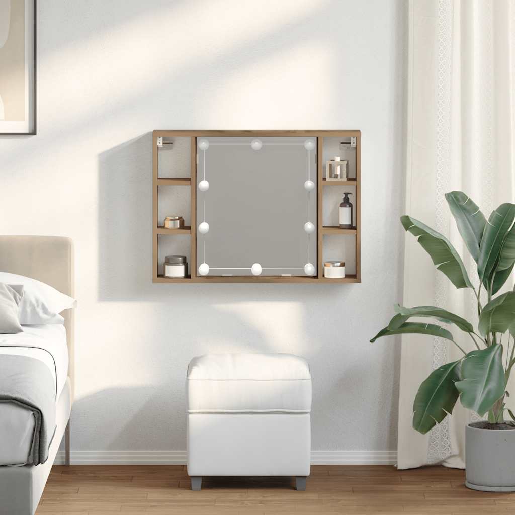 Mobile a Specchio LED Rovere Artigianale 76x15x55cm Multistrato - homemem39