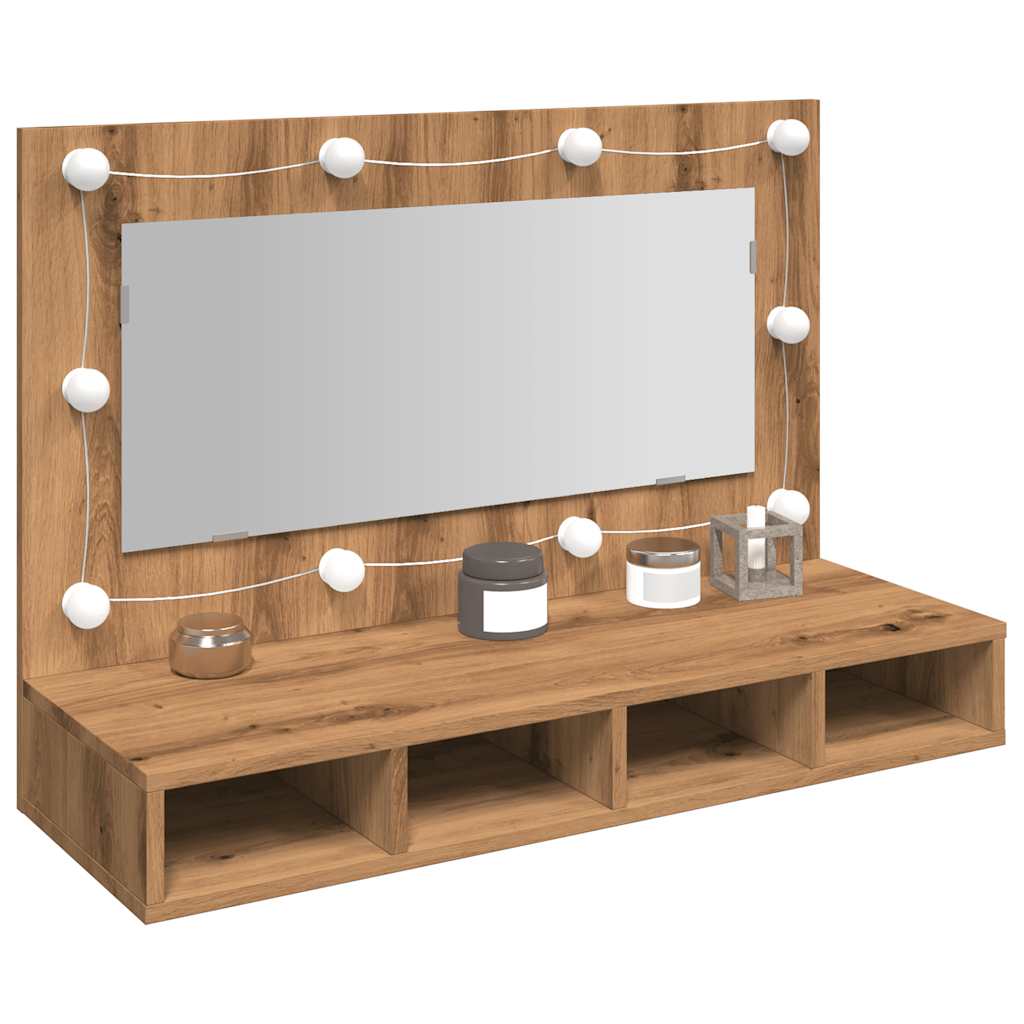 Mobiletto a specchio con LED in rovere artigianale 90x31,5x62cm