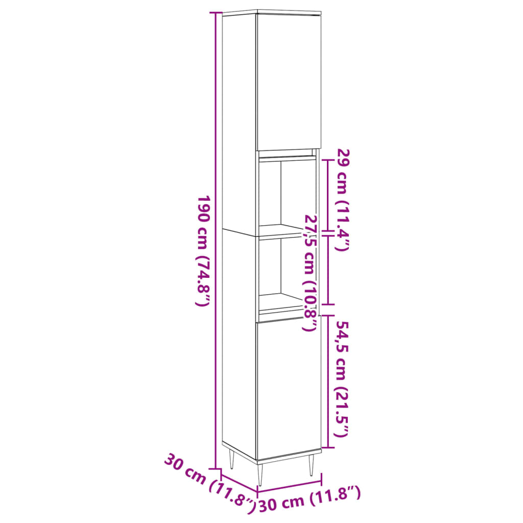 Armadietto Bagno Legno Antico 30x30x190 cm in Legno Multistrato