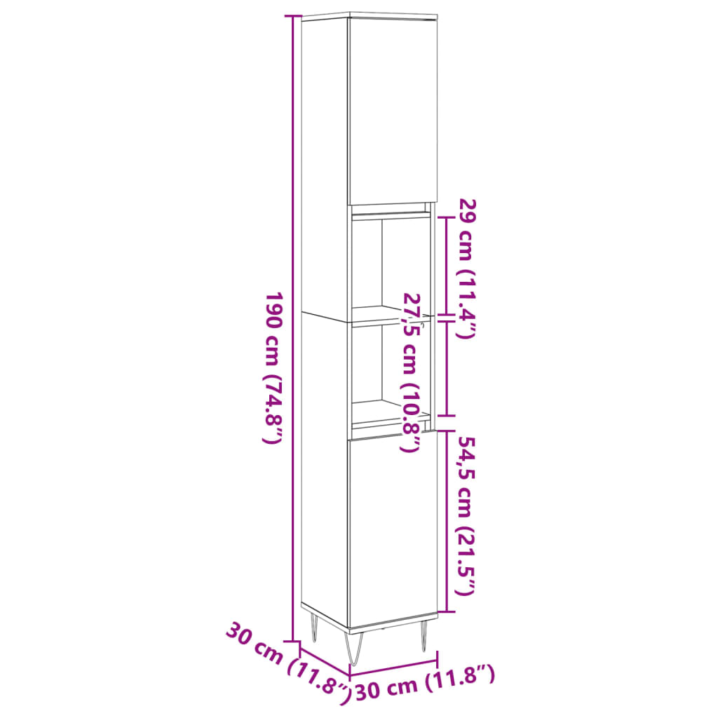 Armadietto Bagno Legno Antico 30x30x190 cm in Legno Multistrato