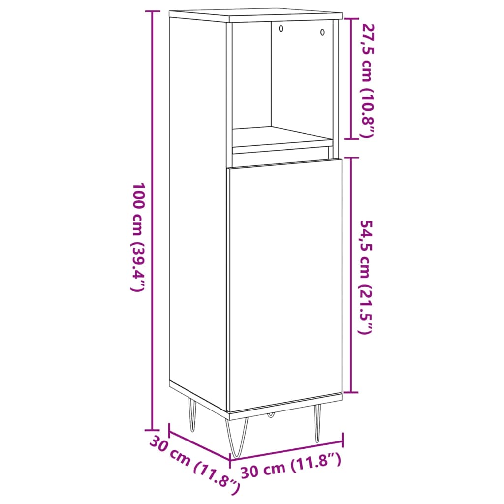 Armadietto Bagno Grigio Cemento 30x30x100 cm Legno Multistrato