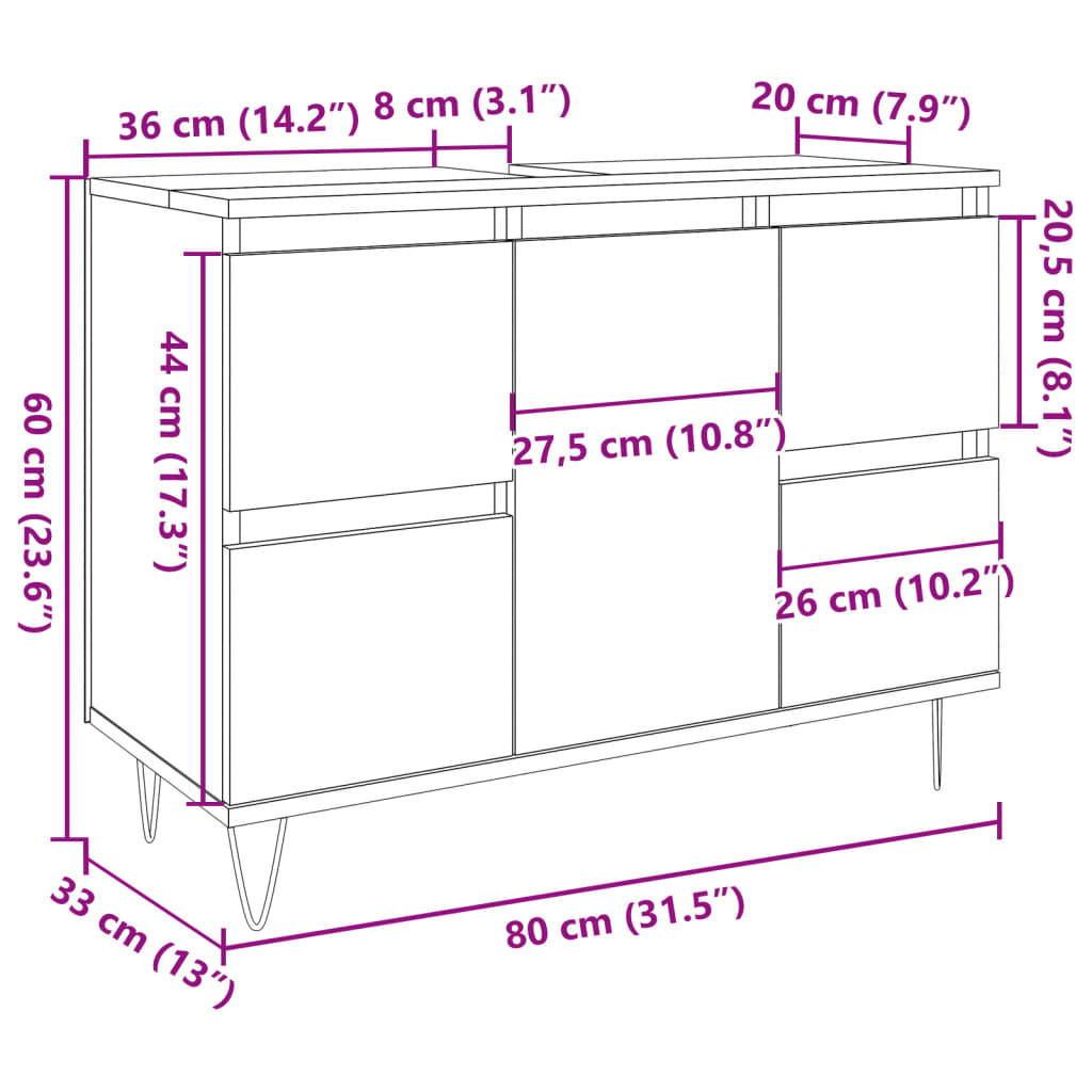 Armadietto da Bagno Grigio Cemento 80x33x60cm in Truciolato