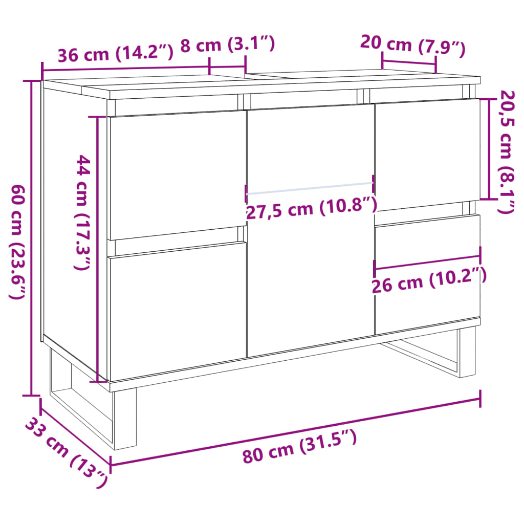 Armadietto da Bagno Grigio Cemento 80x33x60cm Legno Multistrato