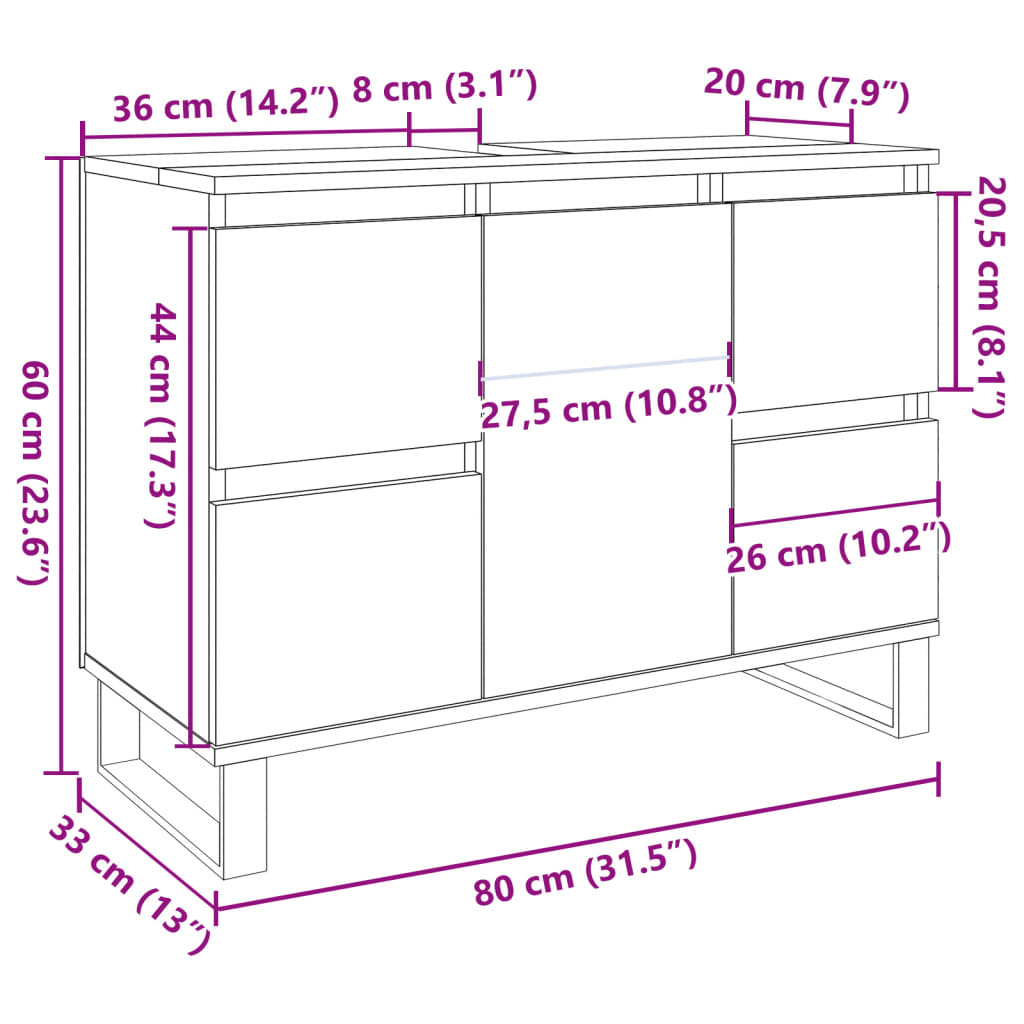 Mobile da Bagno Legno Antico 80x33x60 cm in Truciolato